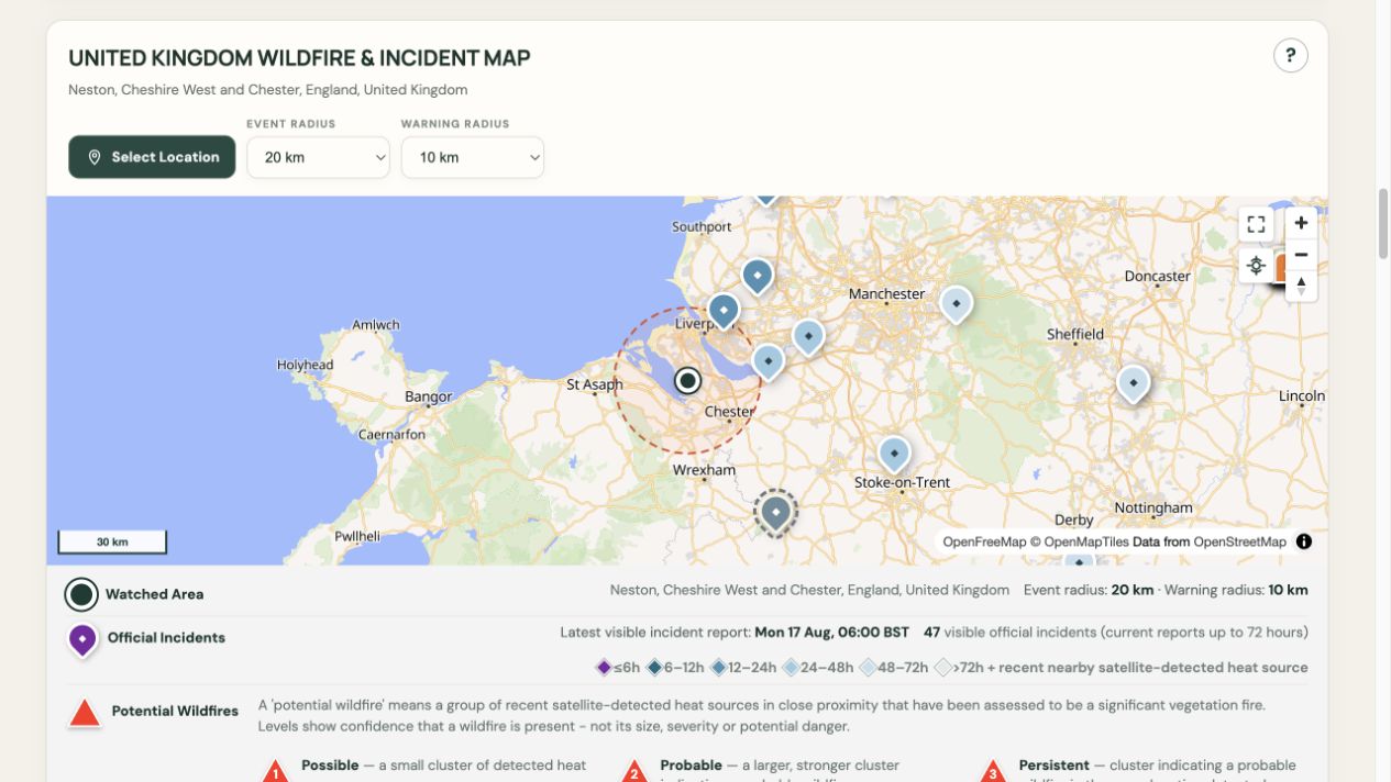 Wildfire Watch map centred on a selected location, showing monitoring and warning radii alongside official incident markers